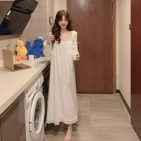 Long Sleeve Princess Style Nightdress Women's Pajamas Lace Palace Korean Version Loose Plus Size 2024 New Homewear Birthday Gift