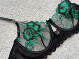 Ellolace Honey Women's Lingerie Sets Elegant French Embroidered Bra Belt Thong 3PC Stockings Romantic Floral Women's Underwear