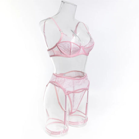 InstaBay Delicate Lace Lingerie 4 Pcs Sets Woman Mesh Patchwork See Through Bras And Thongs Garter Suits Erotic Intimate Outfit