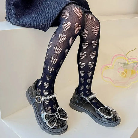 Lolita Girls Vertical Stripe Lace Mesh Pantyhose Cozy Wear Resistant Elastic Knit Elegant Sweet Princess Leggings