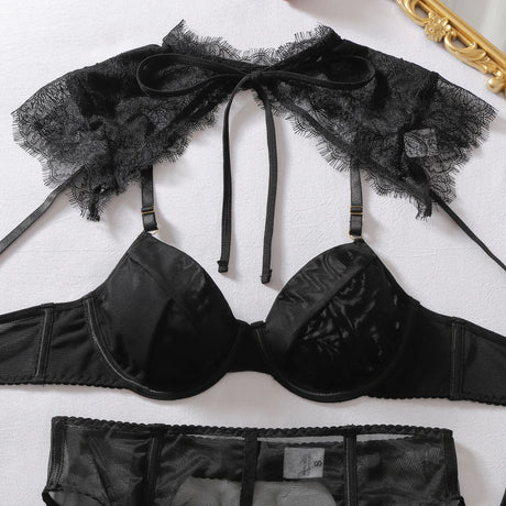 Exclusive Women's Lingerie Intimate Set Romantic Lace Capelet Bra Garter Thong 3PC Stockings Oriental Vintage Chic Girls' Outfit