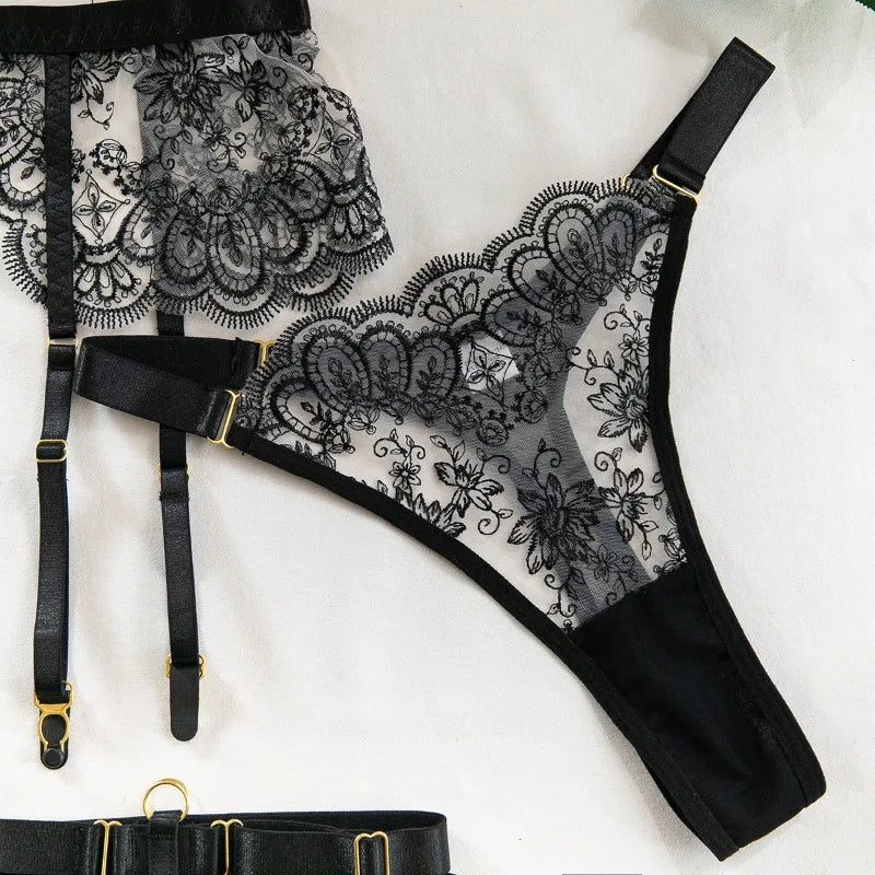 Sexy Lace Lingerie Set With Garter Belt Eyelash Underwire Bra Nude Illusion Strappy Sensual Costume Exotic Underwear Party Club