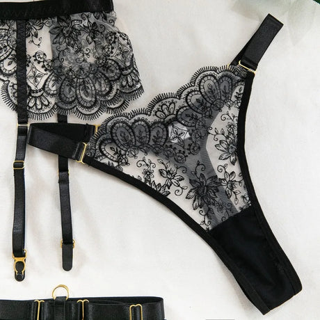Sexy Lace Lingerie Set With Garter Belt Eyelash Underwire Bra Nude Illusion Strappy Sensual Costume Exotic Underwear Party Club