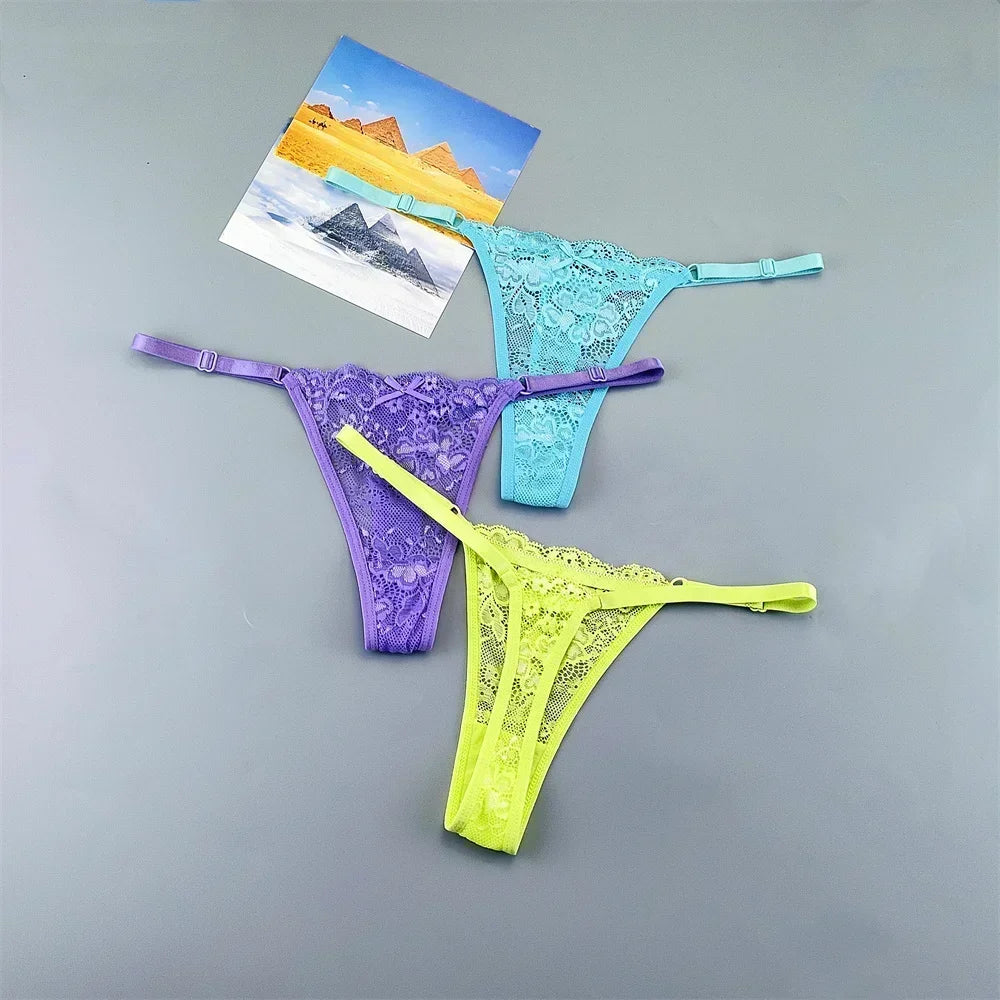 3PCS Adjustable Sexy Transparent Thong Panties Women Lace Underwear Low Waist Female T-back String Underpants