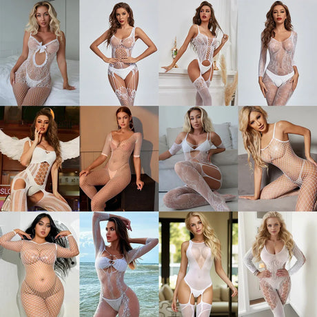 New Fishnet Bodysuits One-piece White Jumpsuit Erotic Exotic Mesh Full Body Stockings Clothing Hot Midnight Party Club Wear