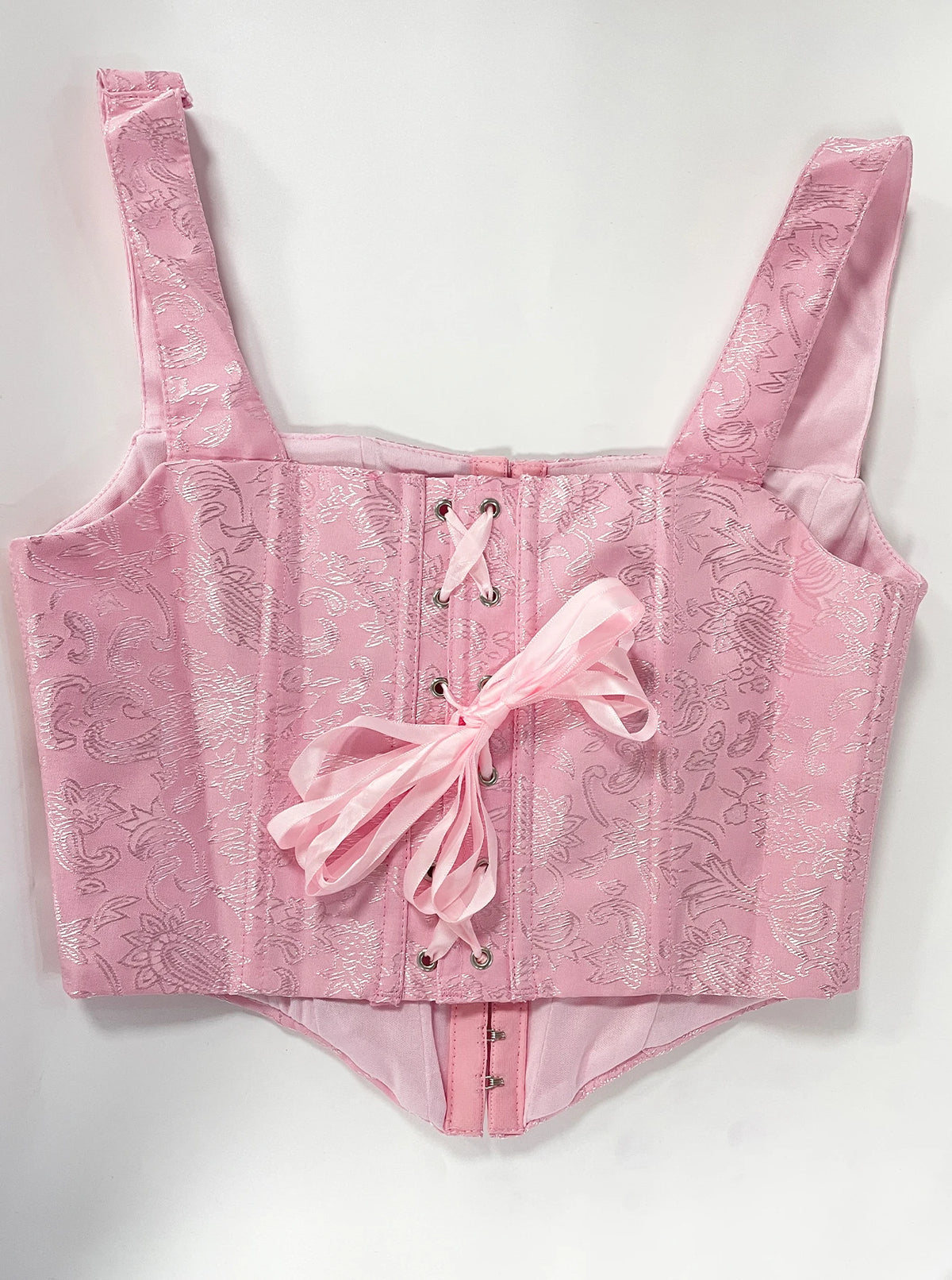 Floral Jacquard Wide Strap Corset Top Front Hook Back Lace Up Square Neck For Women