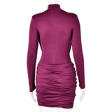 Mozision High Neck Shoulder Pads Long Sleeve Sexy Mini Dress Women Draped Cross Front Ruched Slim Bodycon Nightclub Party Dress
