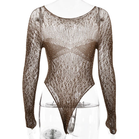 Women Slim See Through Long Sleeve Romper Tops Shiny Rhinestone Tshirt Bodysuit Party Club Hollow Out Wrap Overalls Tops
