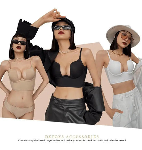 Deep U Low Cut Sexy Bra Push Up Backless Bra for Women Anti Sagging Cross Back Bras Solid Color One Piece Beauty Back Underwear