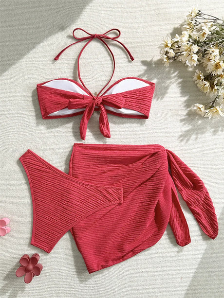 Metal Starfish Brown Bandeau Bikinis Sets 3 Pieces Sexy Swimsuit Cover Up Women 2026 Holiday Swimwear High Cut Bather Beach Wear