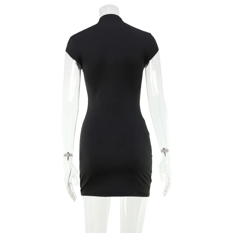 Sexy Black Hollow Out Mini Dress Fashion Women's Turtleneck Short Sleeve High Waist Slim Dresses Lady Evening Club Fashion Robes