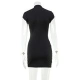 Sexy Black Hollow Out Mini Dress Fashion Women's Turtleneck Short Sleeve High Waist Slim Dresses Lady Evening Club Fashion Robes