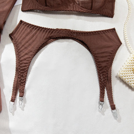 Ellolace Solid Lingeries Sexy Hot Sissy See Through Mesh Bra 3PC Set with Stockings Tempted Underwear Fancy Erotic Clubwear