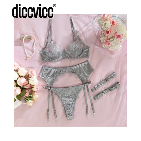 Diccvicc Sexy Hot Lingerie Curves See Through Eyelash Bra Satin Splicing Garter Woman Underwear Fine Night Clothes Matching Set
