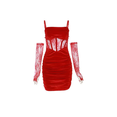 Sylcue Winter Bachelor Party Solid Color Velvet Tight Sexy Hot Mature Charm Women'S Fishbone Sling Dress With Lace Sleeve