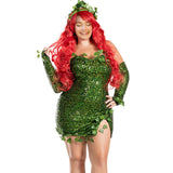 Women Green Ivy Halloween Cosplay Costume Party Deluxe Sleeveless Fake Leaves Strapless Sequin Mini Dress with Gloves Set