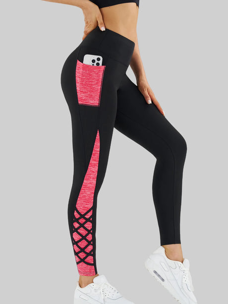 Contrast Geometric Print Pocket Yoga Leggings for Women, High Waist Compression Workout Gym Fitness Trousers