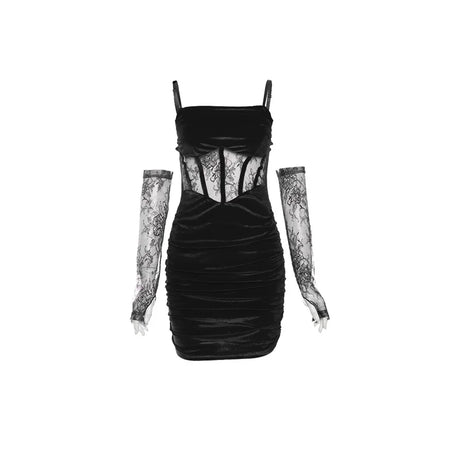 Sylcue Winter Bachelor Party Solid Color Velvet Tight Sexy Hot Mature Charm Women'S Fishbone Sling Dress With Lace Sleeve