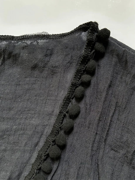 Beach Vacation Bikini Cover-Up Dress with Ball Decoration, Lightweight Sheer Fringed Tie Up Open Cardigan, Sexy Fitted Style