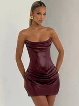 Chaxiaoa PU Leather Off-shoulder Strapless Sexy Mini Dress Women Gown Elegant Backless Sleeveless Ruched Club Party Dresses