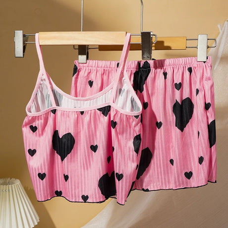 Heart Print Pajama Set Sleeveless Crop Top and Shorts Comfy Sleepwear Loungewear Nightwear Casual Soft T-Shirts Shorts
