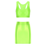 Womens Glossy Lingerie Sleeveless Crop Tank Tops Low Rise Miniskirt with Thigh High Stockings Pool Party Pole Dance Clubwear