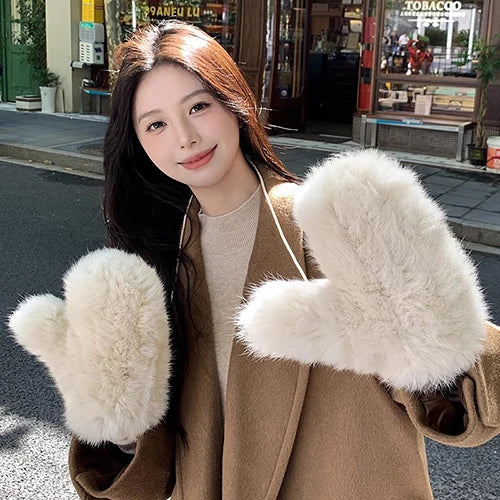 Hot Sale Women's 100% Natural Rabbit Fur Winter Gloves Warm Knit Thick Thermal Mittens Soft Real Fur Outdoor Cold Weather Glove