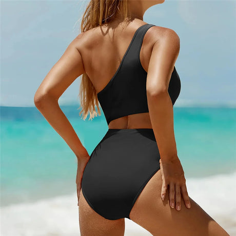 Vzvn 2026 New Women Swimwear Female Padded Bather Bathing Suit Swim Colors Cut Out One Shoulder Splicing One Piece Swimsuit