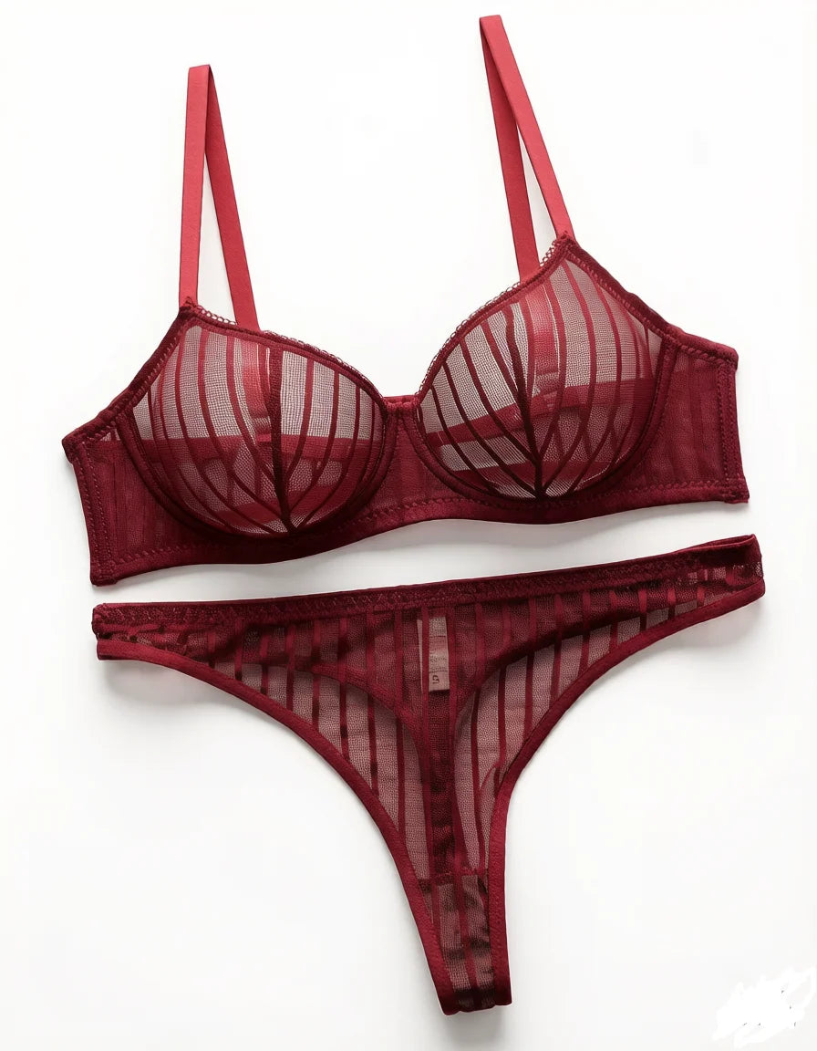 Fashion Stripes Style Lace Lingerie Set Ultra-Thin Red Lace Bra & Thong Sexy Ultra-Thin Underwear Set Ideal Gift for Her MR2864