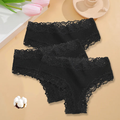 3PCS/Set Sexy Lace Seamless Cotton Brazilian Panties Women Ribbed Intimates Breathable Panties Low Waist Female Cotton Underwear