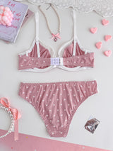 Women Pink Heart Print Lingerie Set Lace Mesh Trim Underwire Bra & Panties Soft Comfort Daily Intimates
