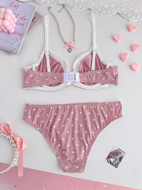 Women Pink Heart Print Lingerie Set Lace Mesh Trim Underwire Bra & Panties Soft Comfort Daily Intimates