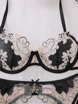 Belamimi Luxury French Embroidery Underwire Lift Shaping Sexy Underwear Garter Belt 3 Pieces Outfit