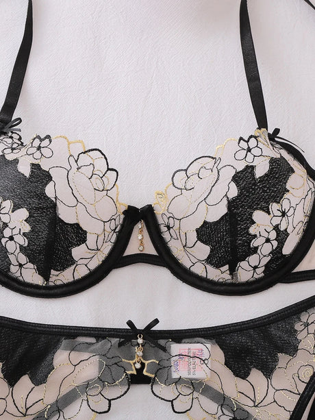 Belamimi Luxury French Embroidery Underwire Lift Shaping Sexy Underwear Garter Belt 3 Pieces Outfit