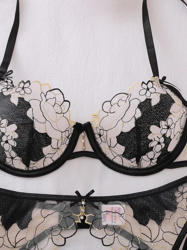 Belamimi Luxury French Embroidery Underwire Lift Shaping Sexy Underwear Garter Belt 3 Pieces Outfit