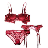 French Red 1/2 Cup Sexy Bra Set Lace Flowers Embroidery Women Underwear Push Up Brassiere and Panties Garter 3 Pieces Sets