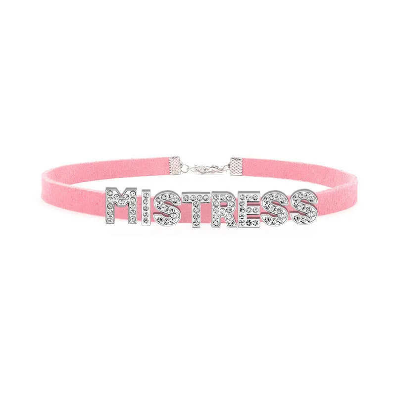 Sexy Rhinestone Letters Hotwife Collar Choker for Women Men DIY Customized Necklaces Pink Suede Leather Cosplay Jewelry Gift