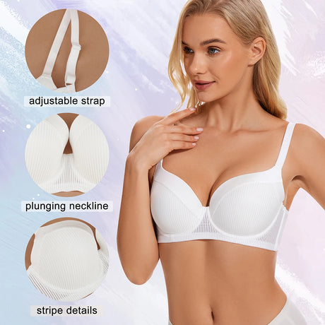 Sheroine Plus Size T-Shirt Bra, Push Up Underwire Lightly Padded Full Coverage Plunge Bras for Women Supportive Comfort