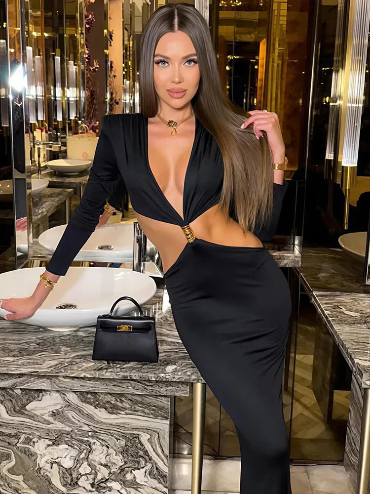 Deep V Neck Long Sleeve Sexy Maxi Dress Women Gown Autumn Fashion Hollow Out Backless High Waist Club Party Long Dress