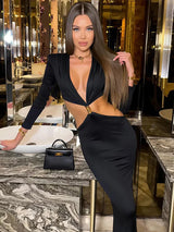Deep V Neck Long Sleeve Sexy Maxi Dress Women Gown Autumn Fashion Hollow Out Backless High Waist Club Party Long Dress