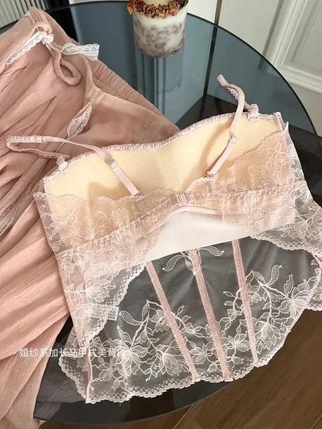 Women Elegant French Longline Lingerie, Lace Satin Wireless Bra, Push Up Sexy Open Back, Luxury Bridal Underwear Fit Small Bust