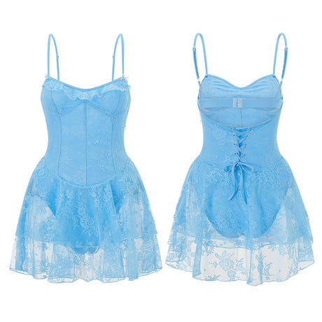Summer Women Spaghetti Strap Corset Dress Sleeveless Bandage Lace Ruffle Bodysuits Dress Club Party Sexy Dresses