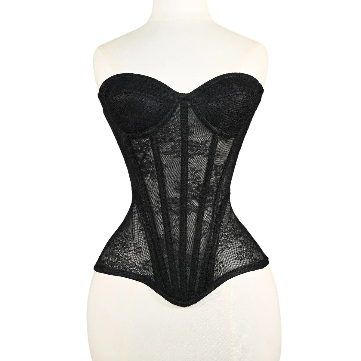 Women Mesh Corset Busiter Overbust Cups Push Breast Floral Lace Bodice Sext Tansparent Strapless Crop Tops Lace Up Steel Boned