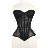 Women Mesh Corset Busiter Overbust Cups Push Breast Floral Lace Bodice Sext Tansparent Strapless Crop Tops Lace Up Steel Boned