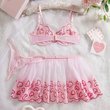 Pink Floral Lace Bra Perspective Mesh Bow Skirt Sex Set Pink Lingerie Set
