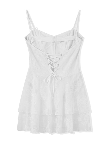 Summer Women Spaghetti Strap Corset Dress Sleeveless Bandage Lace Ruffle Bodysuits Dress Club Party Sexy Dresses