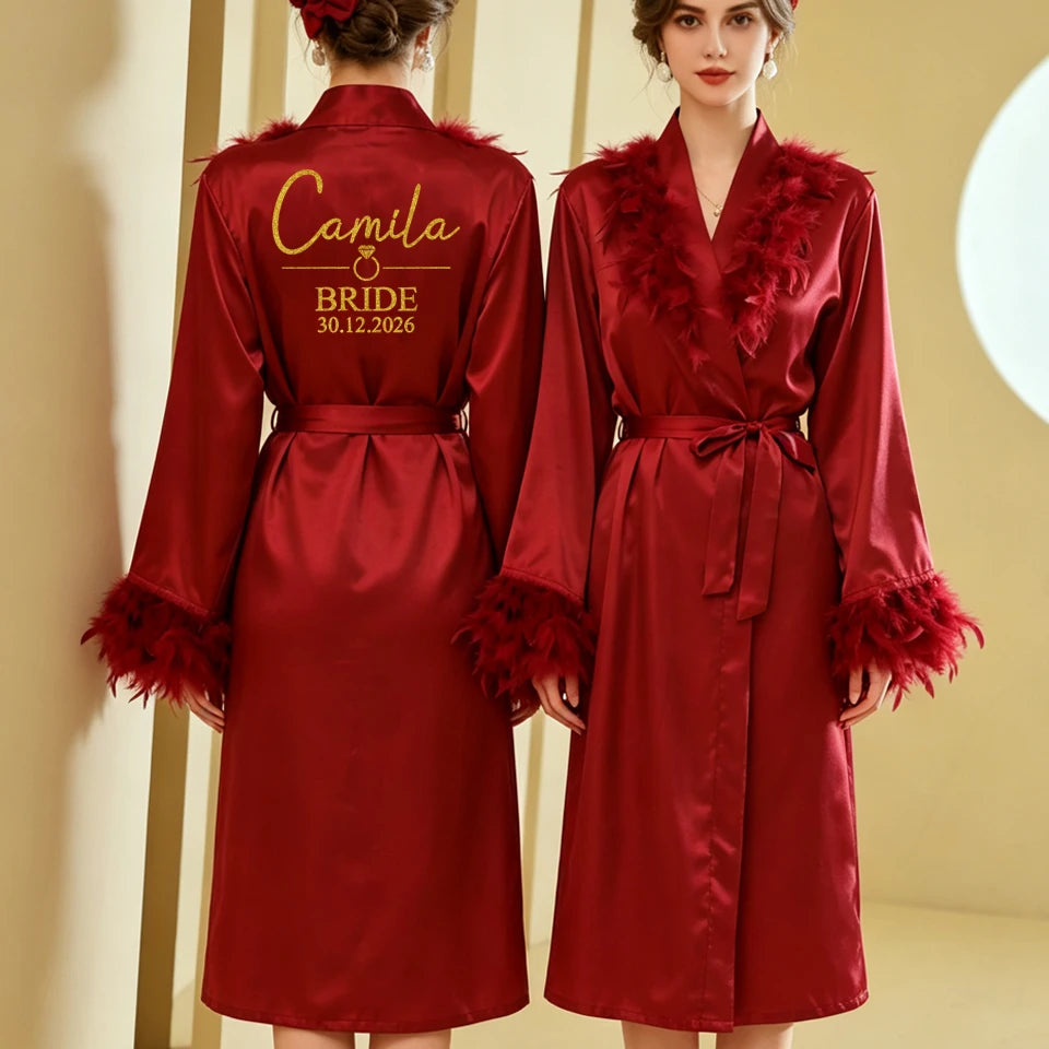 Personalized Name Date Wedding Feather Bride Robe Bridesmaid Bathrobe Nightwear Long Elegant Woman Gown Sexy Nightgown for Party
