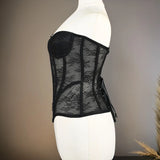 Women Mesh Corset Busiter Overbust Cups Push Breast Floral Lace Bodice Sext Tansparent Strapless Crop Tops Lace Up Steel Boned