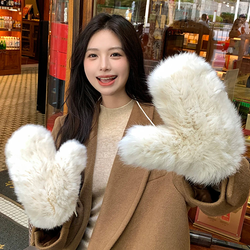 Hot Sale Women's 100% Natural Rabbit Fur Winter Gloves Warm Knit Thick Thermal Mittens Soft Real Fur Outdoor Cold Weather Glove