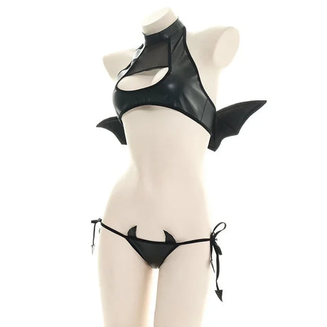 Sexy Patent Leather Little Devil Wings Lingerie SM Open Chest Bra Costume Anime Irina Shidou Black Bodysuit Stocking Tight